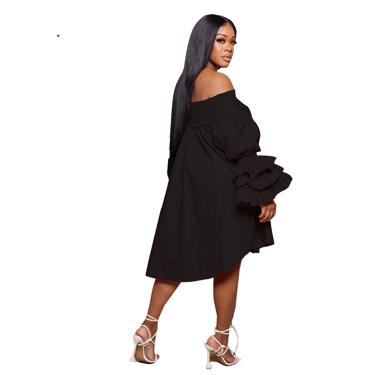 Off-Shoulder Tiered Mini Dress with Ruffle Sleeves - View 16 | Lwiis