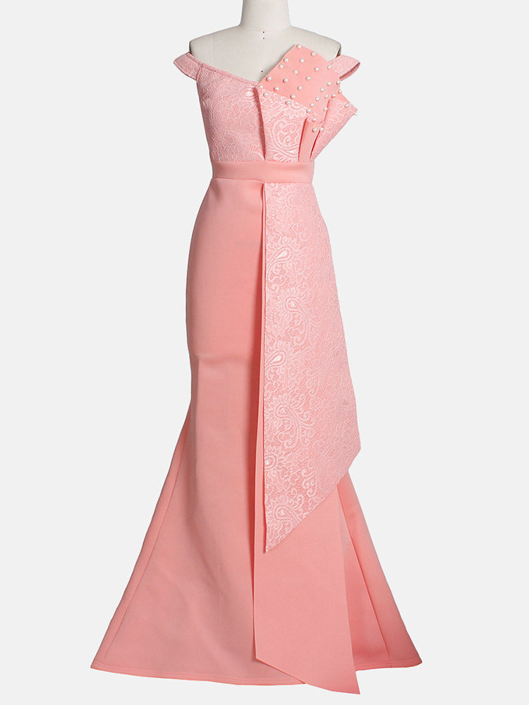 Mermaid formal maxi dress with off-the-shoulder neckline and satin fabric - View 12 | Lwiis