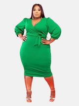Plus-size green V-neck wrap dress with puff sleeves and self-tie belt