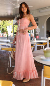 Ruffled trim cropped top and flowing A-line maxi skirt set - View 8 | Lwiis