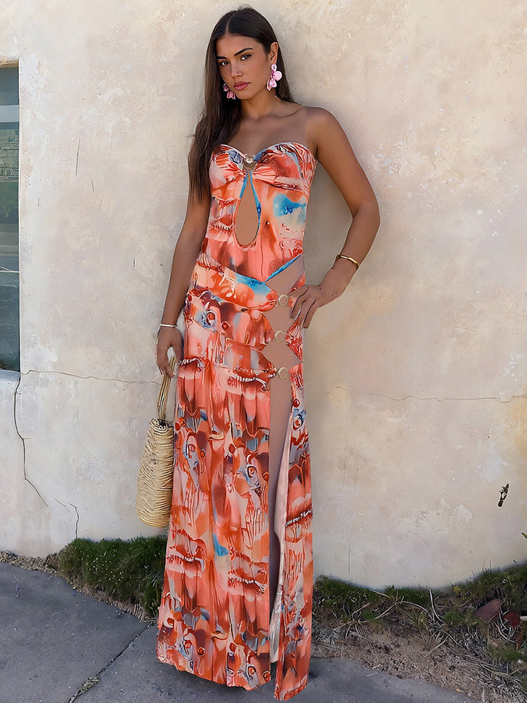 Printed tube midi dress with cut-out detail - View 8 | Lwiis