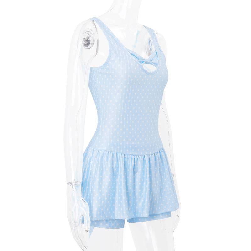 Polka Dot Mini Dress with Bow Detail - View 9 | Lwiis