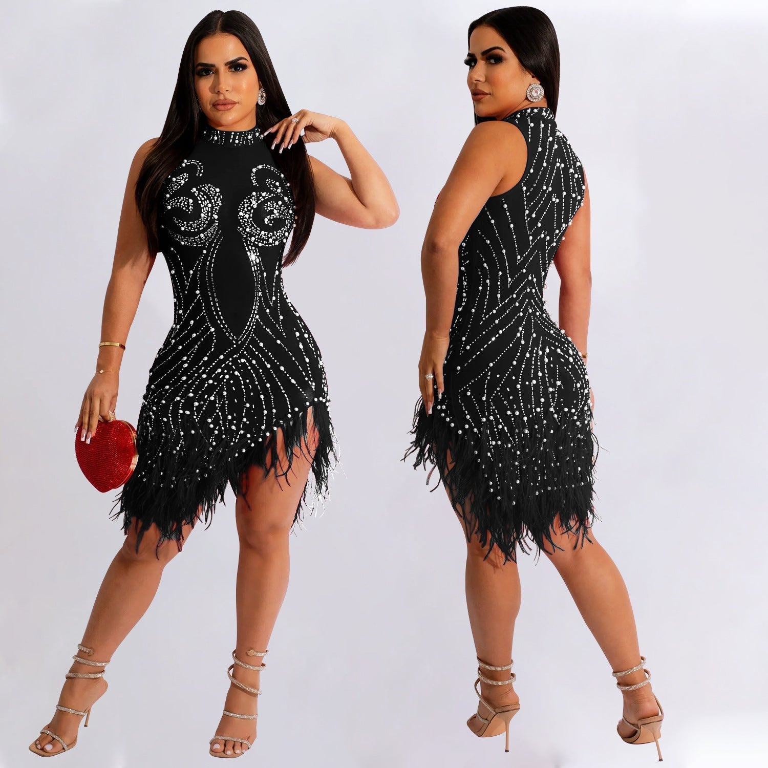 Full-length view of a woman wearing a black sleeveless mini dress with feather trim and beaded embellishments, and sparkling high-heeled sandals.