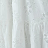 White eyelet A-line maxi dress with smocked bodice and ruffle straps - View 9 | Lwiis