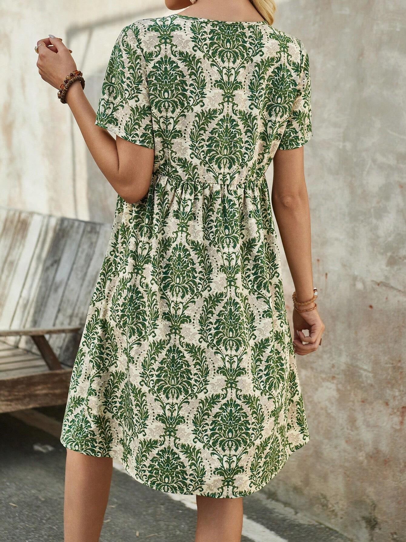 Printed V-Neck Midi Dress - View 6 | Lwiis