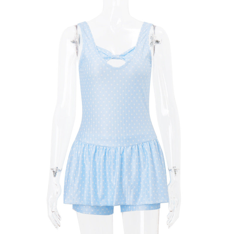 Polka Dot Mini Dress with Bow Detail - View 8 | Lwiis