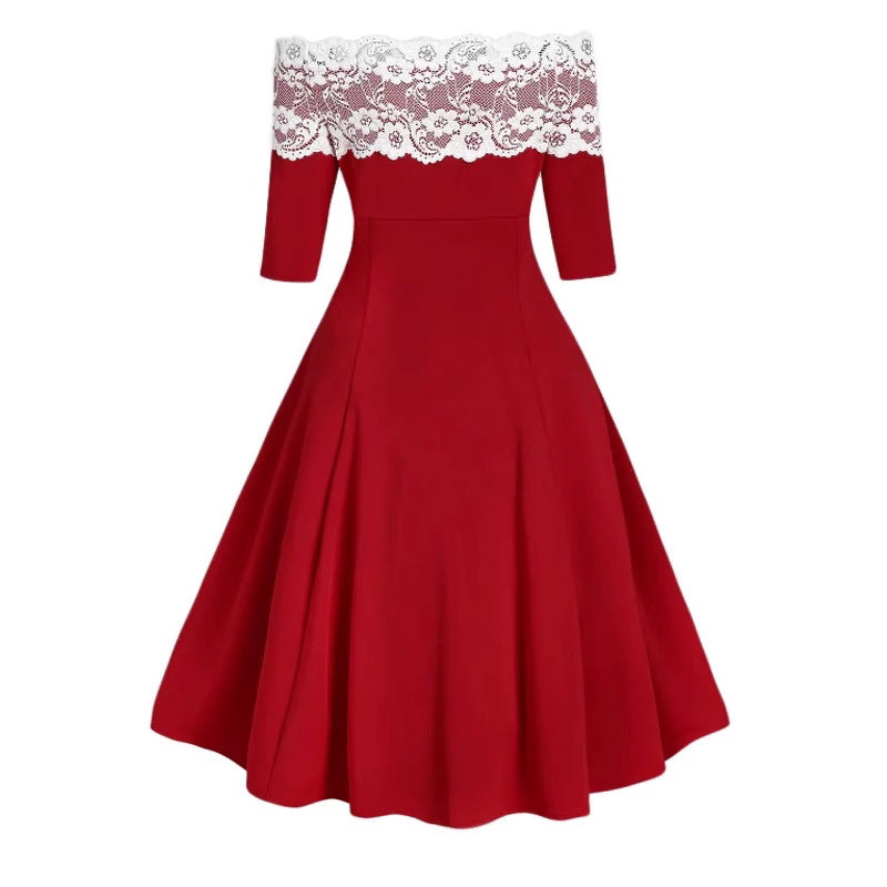 red fit and flare dress with off-the-shoulder neckline and lace overlay