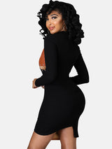 Back view of a woman in a black and brown faux leather color-blocked bodycon dress.
