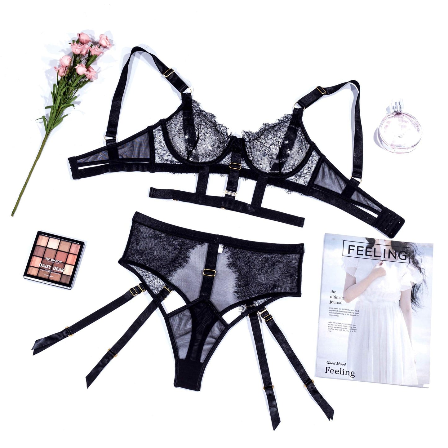 Lace Perspective Letter Print Bandage Girdle Sexy Lingerie Set