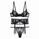 Sexy Lingerie 3 Piece Set Ultra Tulle Lace Transparent Cutout