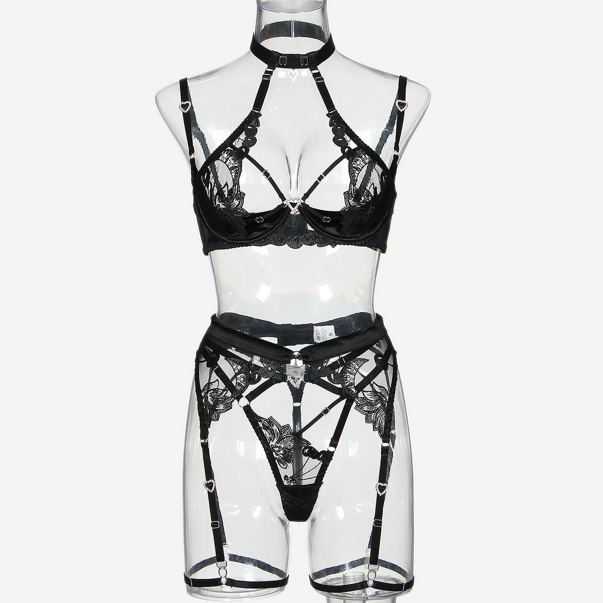 Hot Pink Embroidered Mesh Stitching Lingerie Set