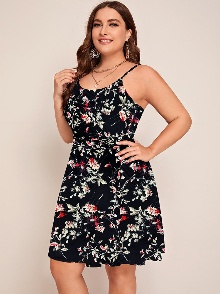 Plus size black floral print with red and green accents spaghetti strap A-line dress