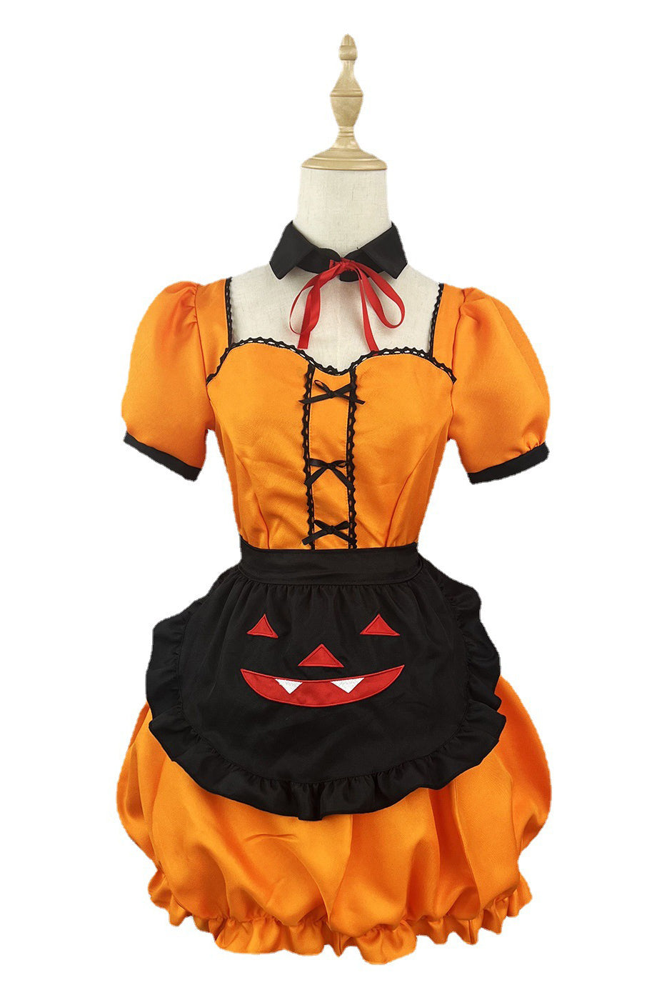 Front view of an orange Halloween costume with a black apron featuring a jack-o'-lantern face, on a mannequin