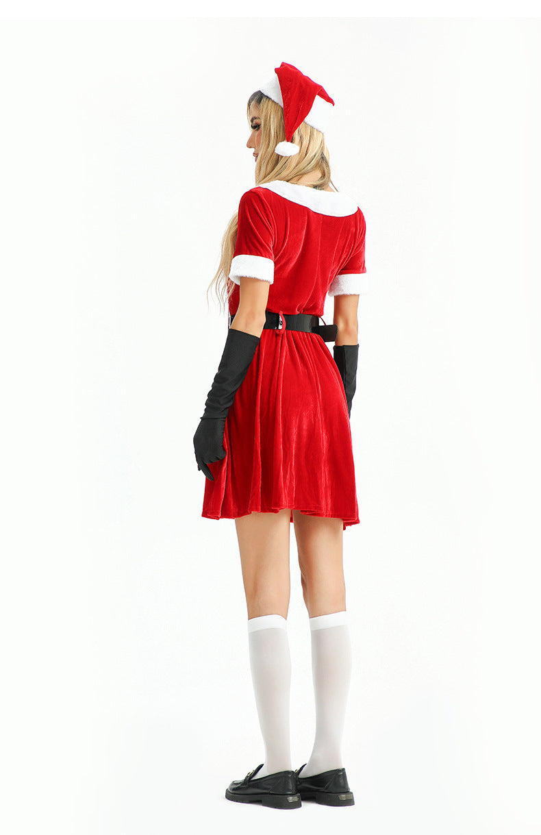 Women's festive velvet mini dress with Santa hat and thigh-high socks - View 8 | Lwiis