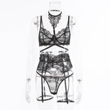 Lace Eyelash Stitching Cross Three Piece Lingerie Set