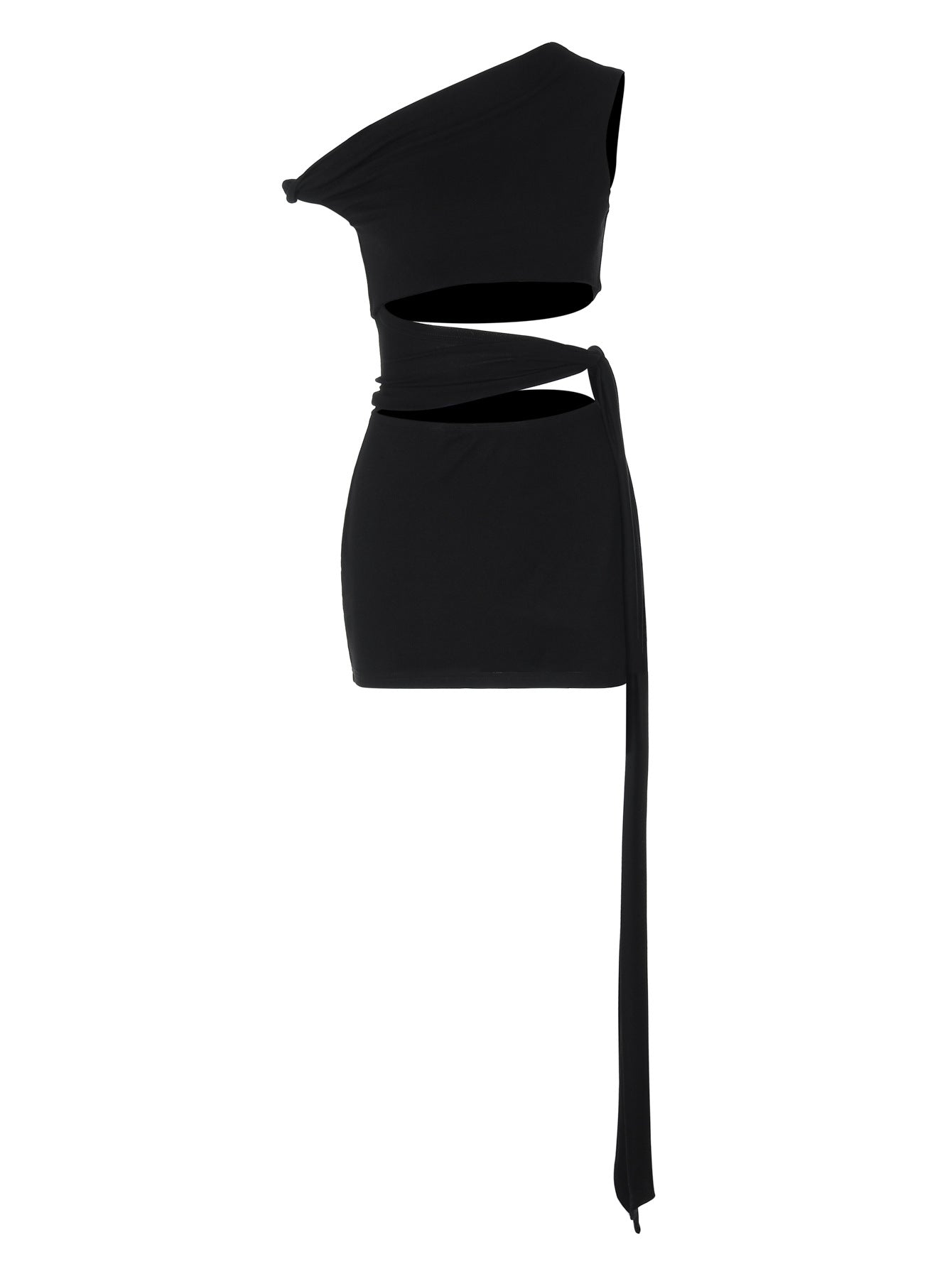 front view of a black one-shoulder mini dress with cut-out details and a tie waist