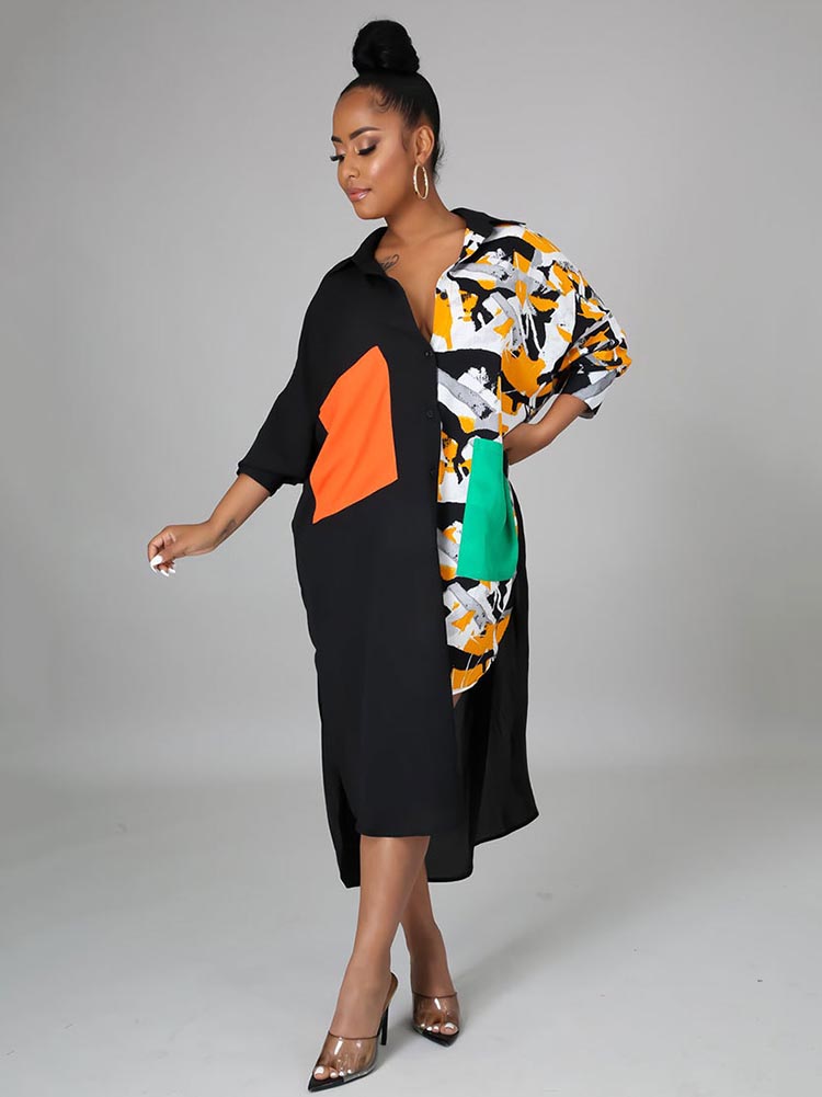 Side view of a woman in a black and leopard print color-blocked shirt dress with abstract print accents.