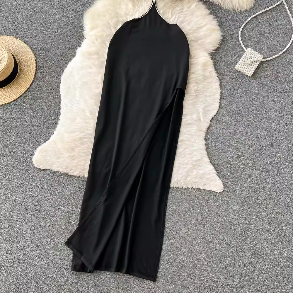 Maxi dress with halter neckline and high slit - View 7 | Lwiis