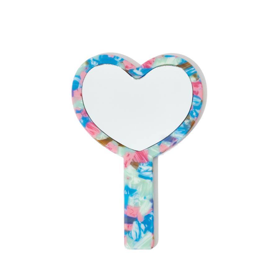 A heart-shaped hand mirror with a multi-colored tortoiseshell pattern and a white reflective surface.