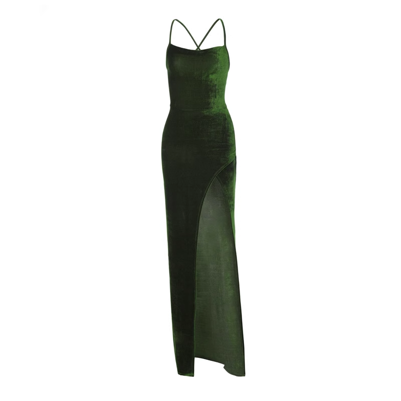 Front view of a green velvet maxi dress with a thigh-high slit