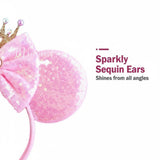 Close-up of pink sequin Minnie Mouse ears with text highlighting "Sparkly Sequin Ears"