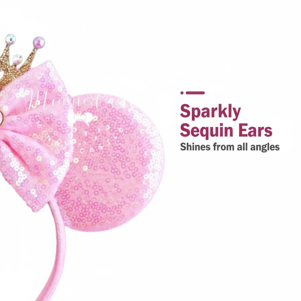 Close-up of pink sequin Minnie Mouse ears with text highlighting "Sparkly Sequin Ears"