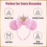 Graphic showing a pink sequin Minnie Mouse ears headband with text indicating "Perfect for Every Occasion" and icons for Disney Trips, Birthday Parties, Daily Wear, and Stage Performances
