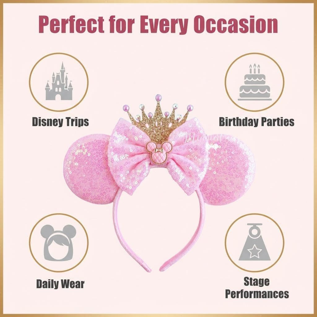 Graphic showing a pink sequin Minnie Mouse ears headband with text indicating "Perfect for Every Occasion" and icons for Disney Trips, Birthday Parties, Daily Wear, and Stage Performances