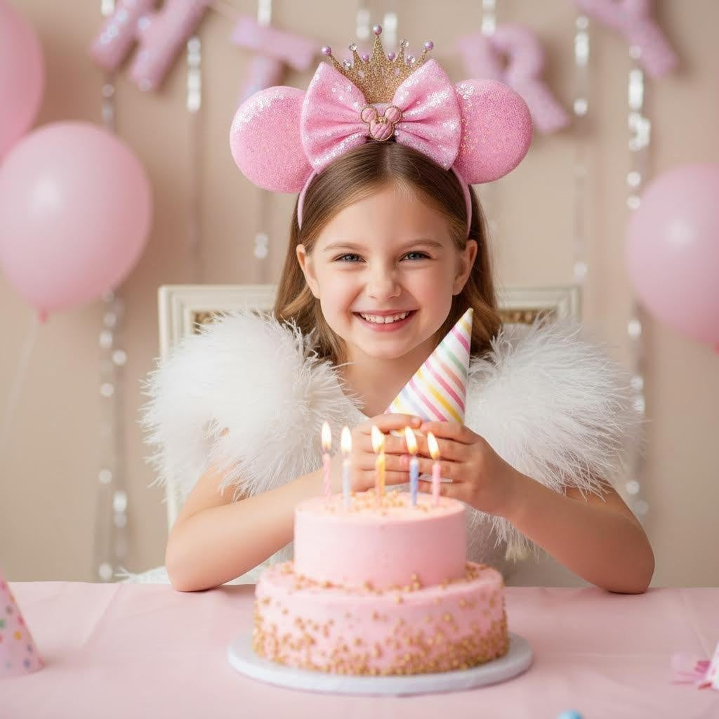 Girl wearing pink sequin Minnie Mouse ears headband with a crown and bow, celebrating a birthday with a cake
