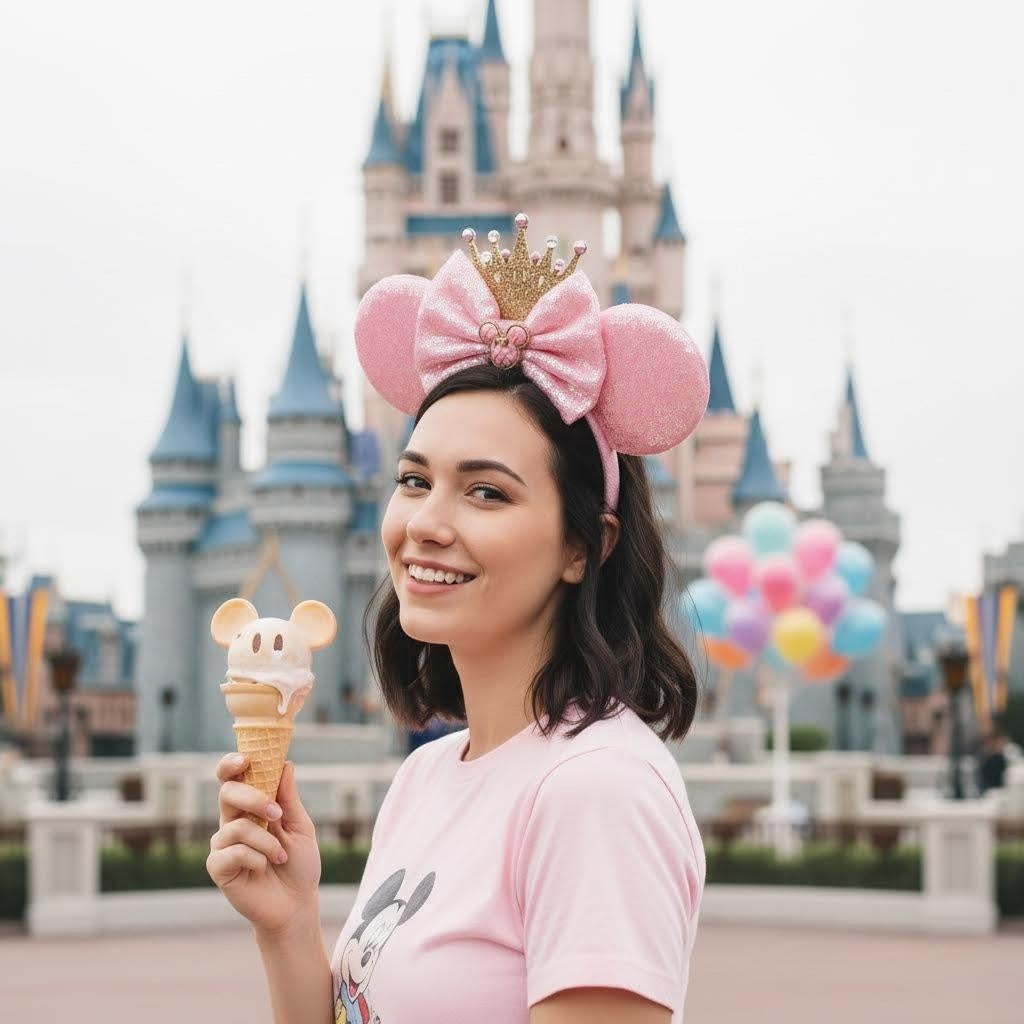 Woman wearing pink sequin Minnie Mouse ears headband with a crown and bow in front of a castle