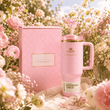 Pink tumbler with handle and matching box on a floral background