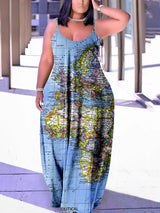 Woman wearing a maxi dress with a map of Europe and Africa print