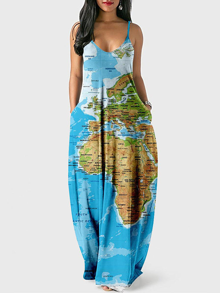 Spaghetti strap maxi dress with world map print - View 12 | Lwiis