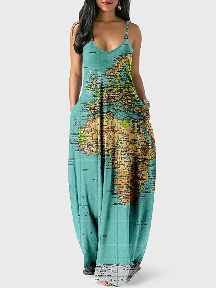 Spaghetti strap maxi dress with world map print - View 8 | Lwiis