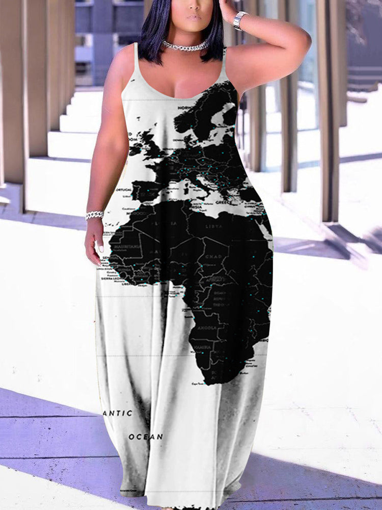 Woman wearing a black and white map printed maxi dress
