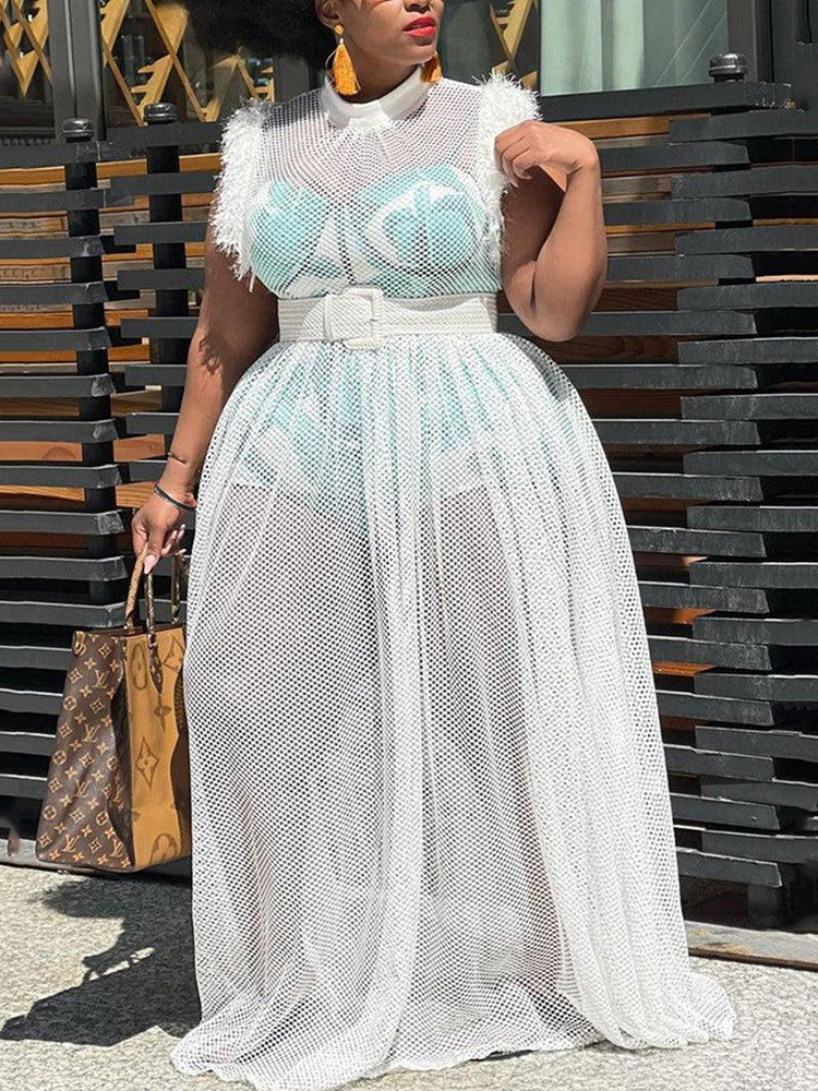 Printed mesh maxi dress set with leopard print top and wide belt - View 8 | Lwiis