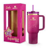 Pink Barbie-themed Stanley tumbler and its packaging, showcasing Superstar Barbie.
