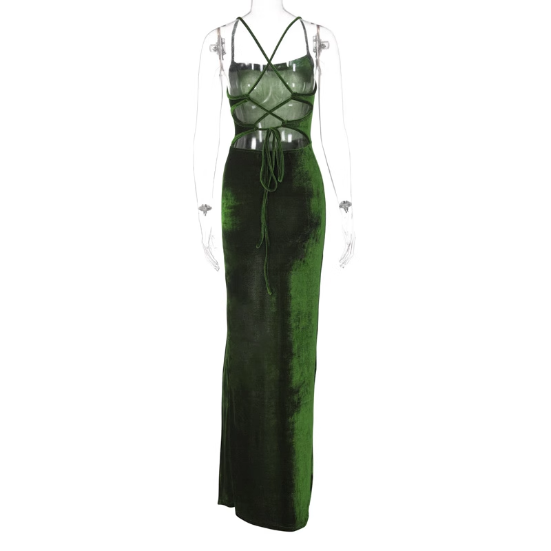 Back view of a green velvet maxi dress with crisscross straps and tie closure