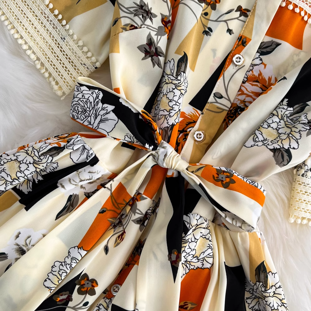 A-line maxi dress with stand collar and floral geometric print - View 7 | Lwiis