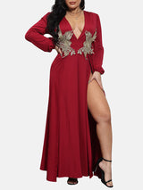 Elegant Maxi Dress with High Split and Embellished Waist - View 17 | Lwiis