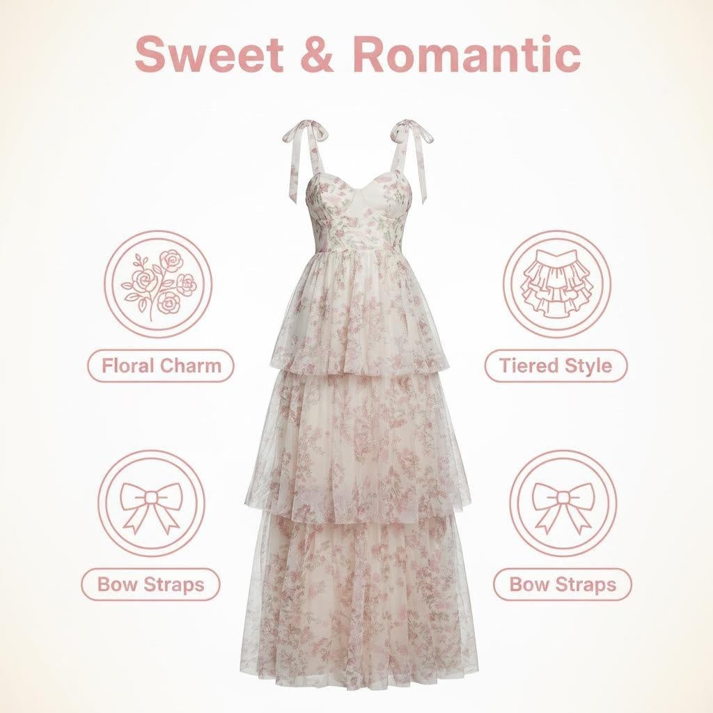 Product image showcasing a tiered floral maxi dress with bow straps.