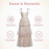 Product image showcasing a tiered floral maxi dress with bow straps.