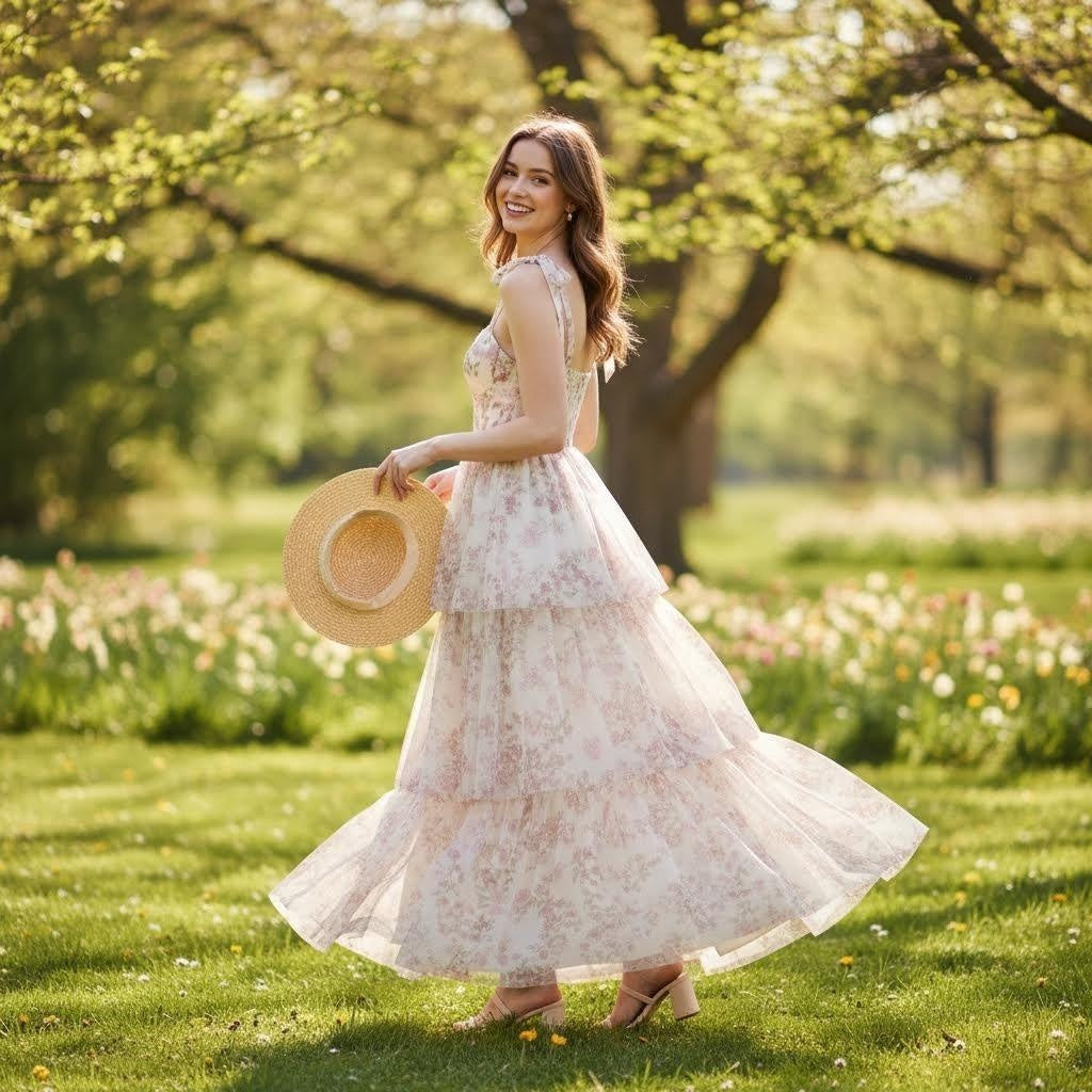 Woman in a floral tiered maxi dress holding a straw hat in a park.
