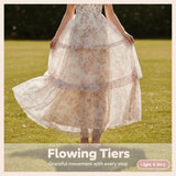Close-up of the flowing tiered skirt of a floral maxi dress.