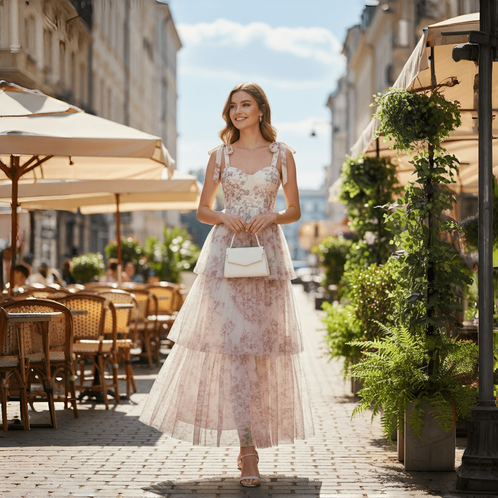 Woman in a floral tiered maxi dress walking on a cobblestone street.