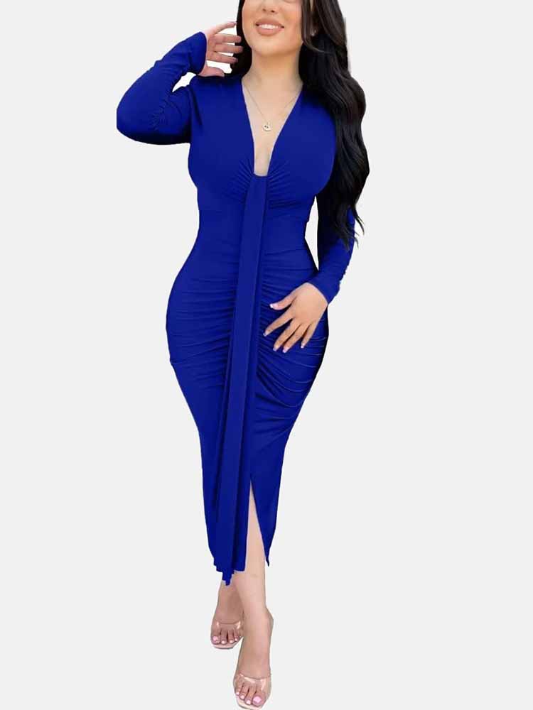 V Neck Tie Front Ruched Dress - View 13 | Lwiis
