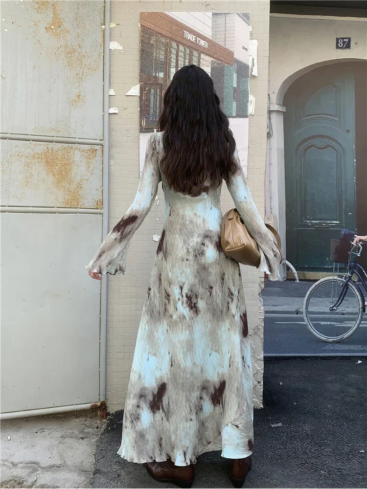 Flared Sleeve Maxi Dress with Tie Dye Print - View 6 | Lwiis