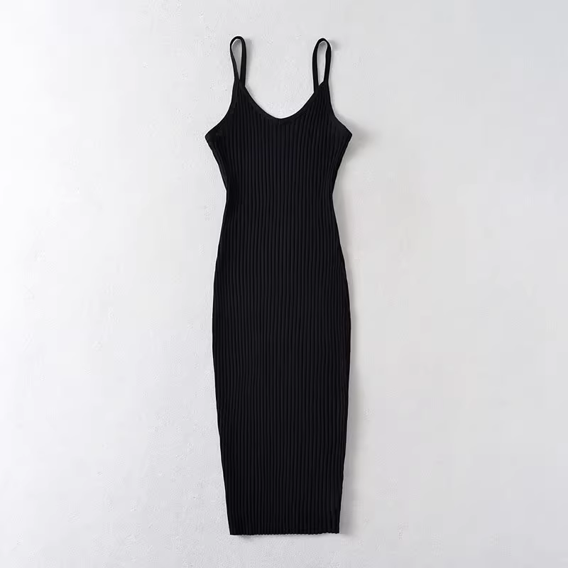 Black ribbed knit midi dress with spaghetti straps and V-neck