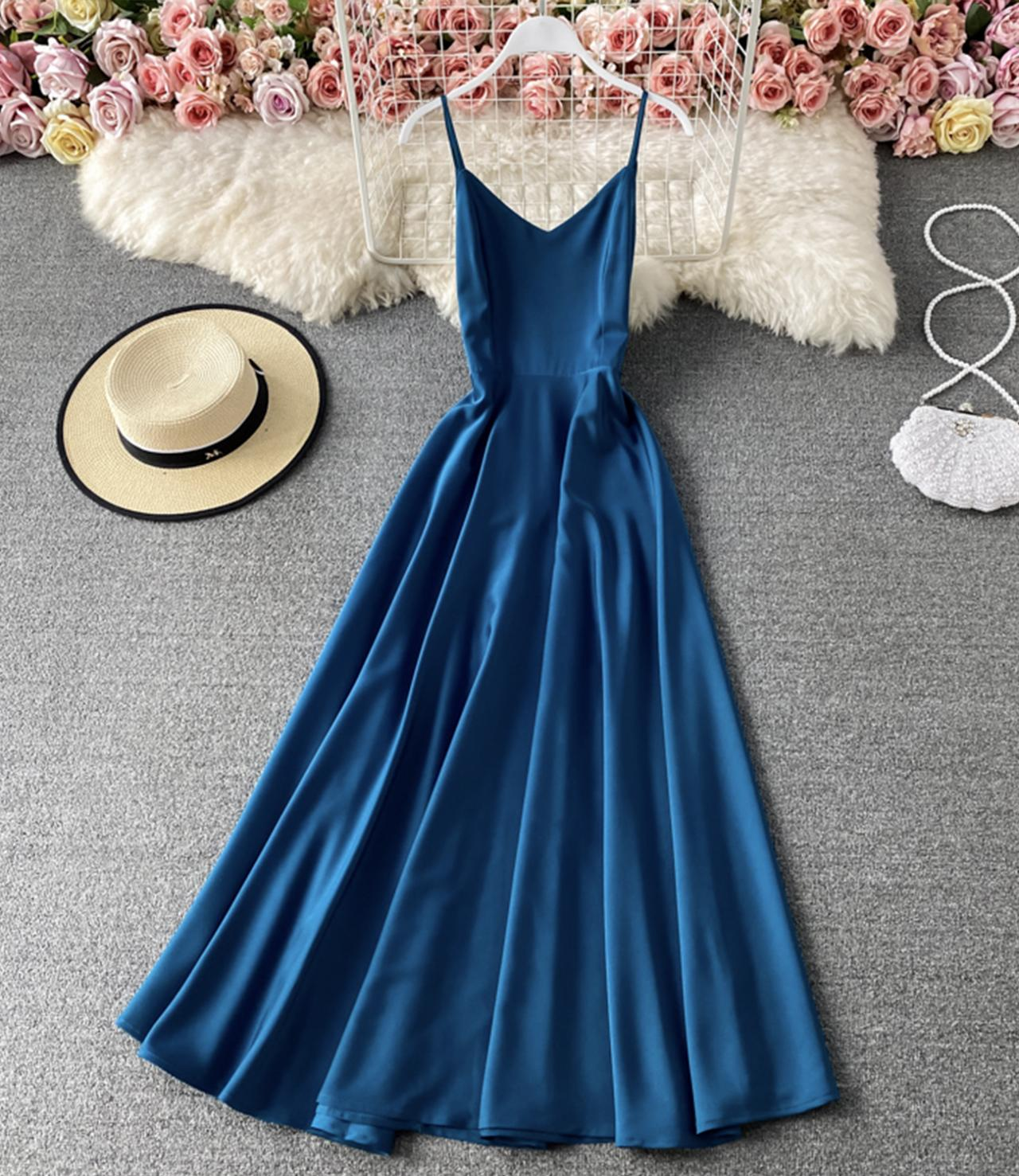 blue satin spaghetti strap v-neck a-line maxi dress