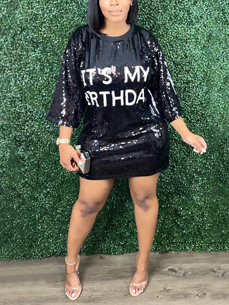 Sequin T-Shirt Dress with Geometric Print - View 22 | Lwiis